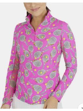 Ibkul Women’s Long Sleeve Zip Polo Shirt Tennis Rackets Balls Hot Pink Size XL